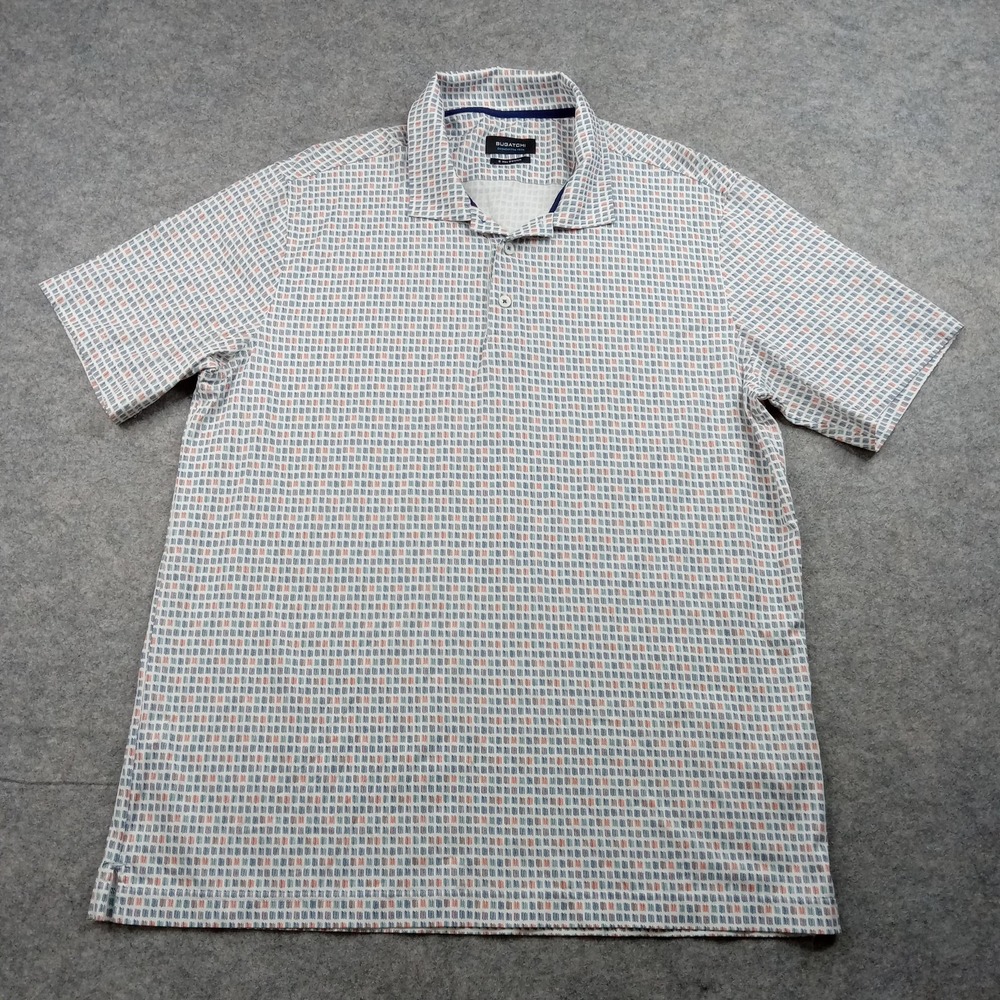 Bugatchi Polo Shirt Mens Medium White Multi Geometric Print Stretch Soft Cool